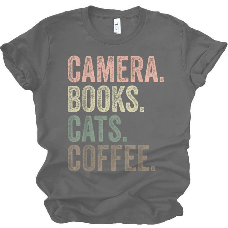 Camera Books Cats And Coffee Lover Photography Men Women Unisex Jersey T-Shirt