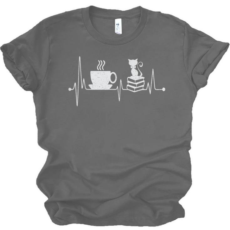 Cat Book Coffee Lover Heartbeat Cat Lover Book Lover Unisex Jersey T-Shirt