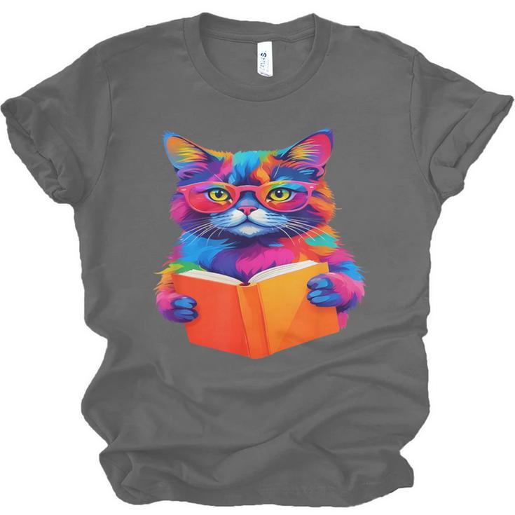 Cat Book Shirt Colorful Cat Reading Book Unisex Jersey T-Shirt