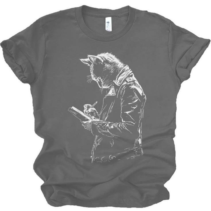 Cat Holds Book Writing Animal Print Motif Drawing Art Cat Unisex Jersey T-Shirt Cat Holds Book Writing Animal Print Motif Drawing Art Cat Unisex Jersey T-Shirt