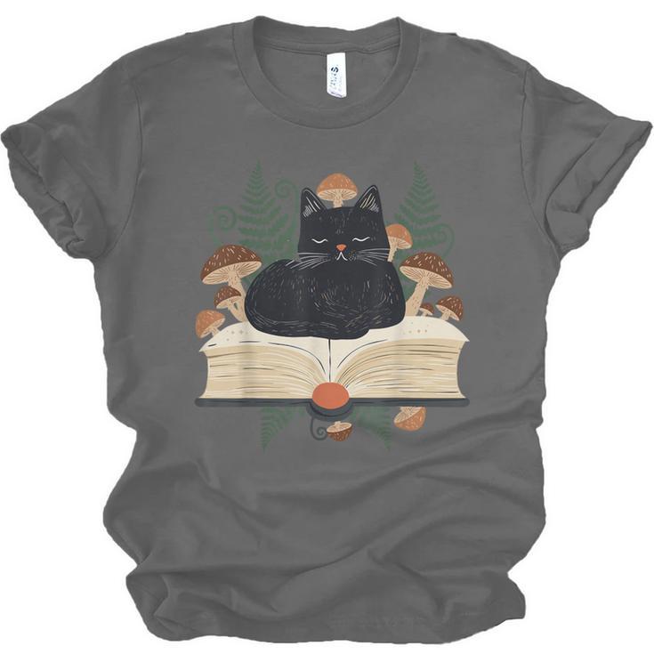 Cat On Open Book Mushrooms Ferns Dark Academia Unisex Jersey T-Shirt Cat On Open Book Mushrooms Ferns Dark Academia Unisex Jersey T-Shirt