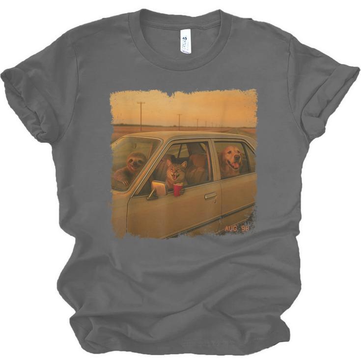 Cat Sloth Dog Retro Nostalgia Roadtrip Photo Unisex Jersey T-Shirt Cat Sloth Dog Retro Nostalgia Roadtrip Photo Unisex Jersey T-Shirt