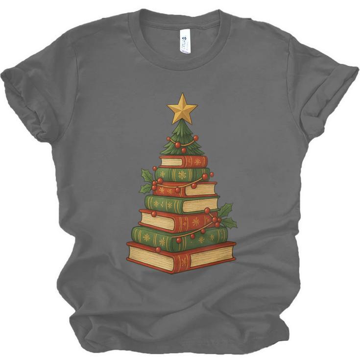Christmas Book Tree Bookshelf Holiday For Readers Librarians Unisex Jersey T-Shirt