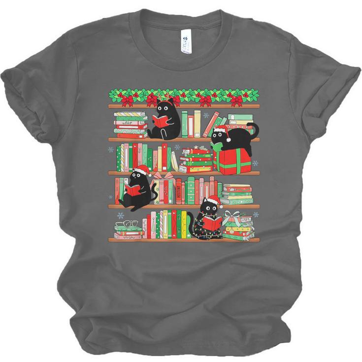 Christmas Cat Santa Bookshelves Book Lover Reader Unisex Jersey T-Shirt