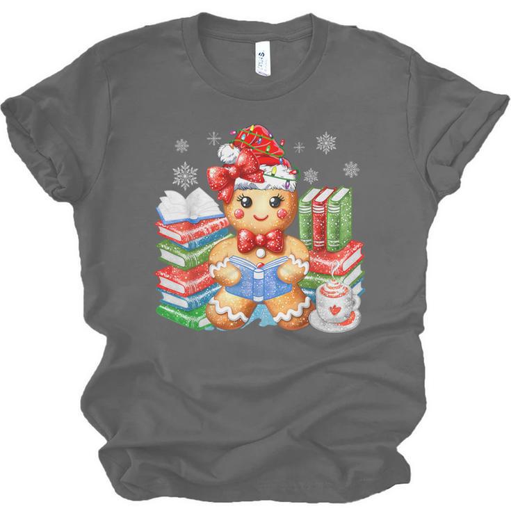Christmas Gingerbread Man Reading Book Snowflake Teacher Unisex Jersey T-Shirt