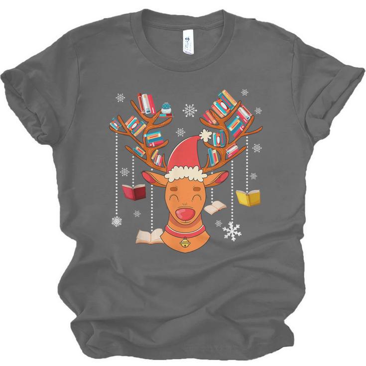 Christmas Librarian Reindeer Xmas Book Teachers Love Reading Unisex Jersey T-Shirt
