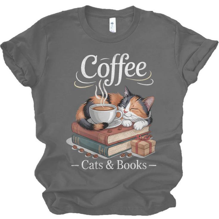 Coffee Cats And Books Cozy Calico Reader Love Cute Cat Unisex Jersey T-Shirt