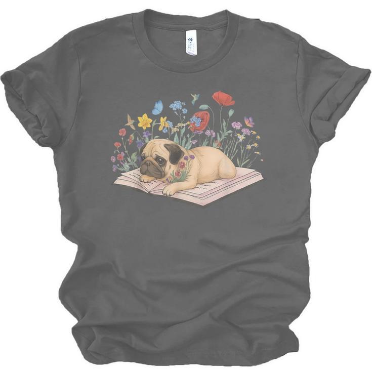 Color Floral Cute Pug Dog On Book Reading Bookworm Reader Unisex Jersey T-Shirt