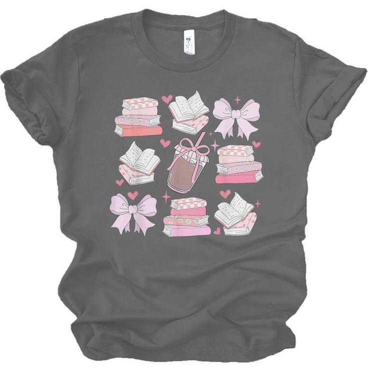 Coquette Bow Book Coffee Valentines Bookish Library Teacher Unisex Jersey T-Shirt