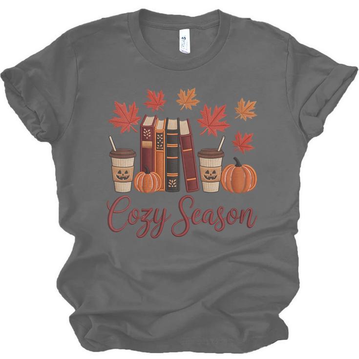 Cozy Season Autumn Leaves Books Pumpkins Fall Halloween Unisex Jersey T-Shirt Cozy Season Autumn Leaves Books Pumpkins Fall Halloween Unisex Jersey T-Shirt