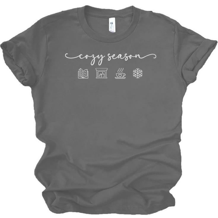 Cozy Season Good Book Fireplace Hot Beverage Snowflake Unisex Jersey T-Shirt