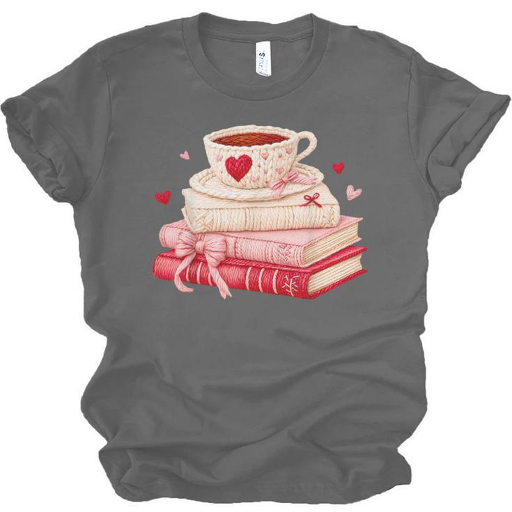 Cute Books And Coffee Crochet Valentines Day Tee For Couples Unisex Jersey T-Shirt