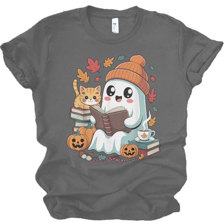 Cute Cozy Ghost Reading With Cat Book Lover Autumn Fall Unisex Jersey T-Shirt