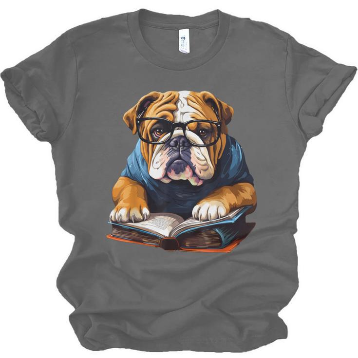 Cute Dog English Bulldog Reading Book Unisex Jersey T-Shirt