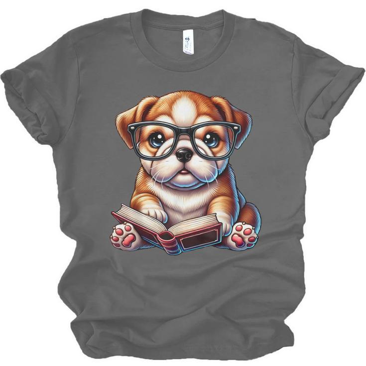 Cute Dog Puppy English Bulldog Reading Book Unisex Jersey T-Shirt Cute Dog Puppy English Bulldog Reading Book Unisex Jersey T-Shirt