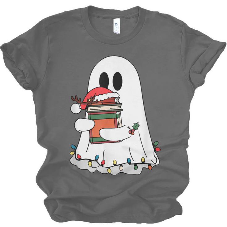 Cute Ghost Holding Books Bookish Christmas Unisex Jersey T-Shirt Cute Ghost Holding Books Bookish Christmas Unisex Jersey T-Shirt