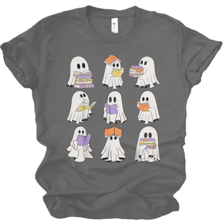 Cute Ghost Reading Books Teacher Halloween Reading Men Women Kids Unisex Jersey T-Shirt