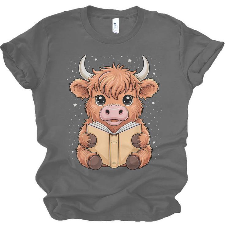Cute Highland Cow Reading Book Unisex Jersey T-Shirt