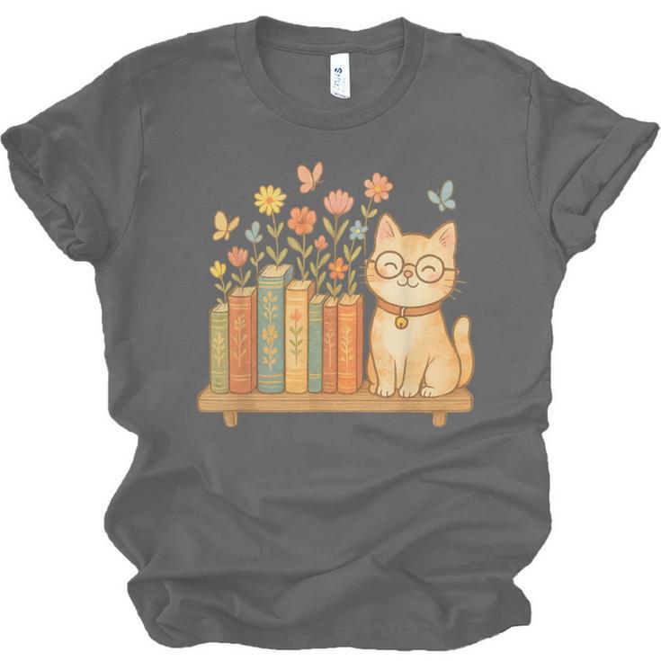 Cute Kawaii Cat Books Flowers Unisex Jersey T-Shirt
