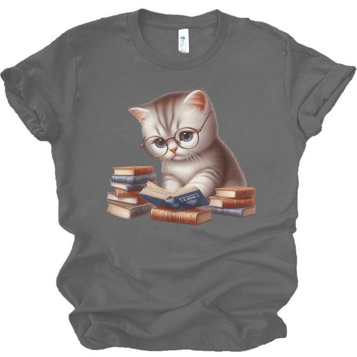 Cute Kitten Bookworm Adorable Cat With Glasses Reading Book Unisex Jersey T-Shirt