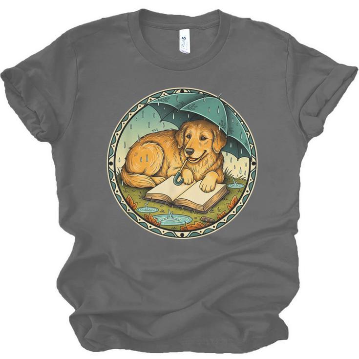 Dog Reading Book Rain Cozy Umbrella Cute Art Men Unisex Jersey T-Shirt Dog Reading Book Rain Cozy Umbrella Cute Art Men Unisex Jersey T-Shirt