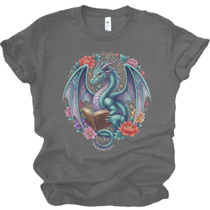 Dragon Reading Book Girls Kids Bookworm Book Lover Unisex Jersey T-Shirt