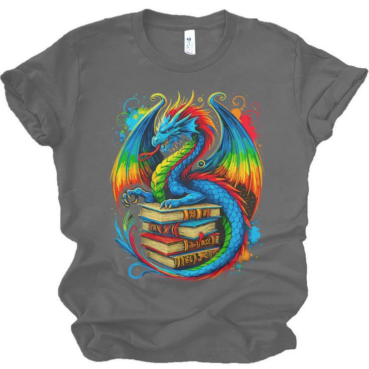 Dragon Reading Colorful Fantasy Book Lover Unisex Jersey T-Shirt