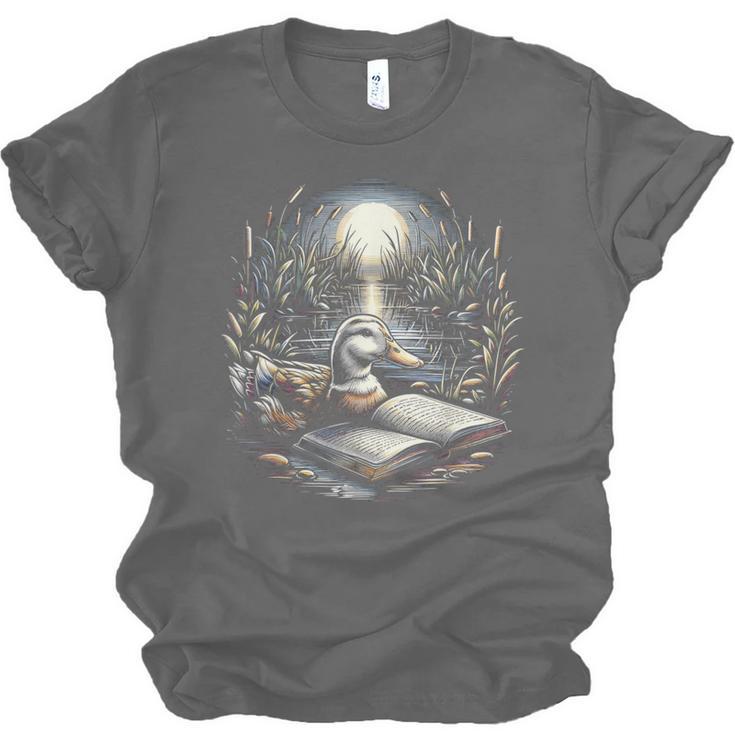 Duck Reading Book Full Moon Lake Scenery Unisex Jersey T-Shirt