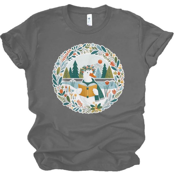 Duck Wilderness Book Reading Illustration Floral Unisex Jersey T-Shirt