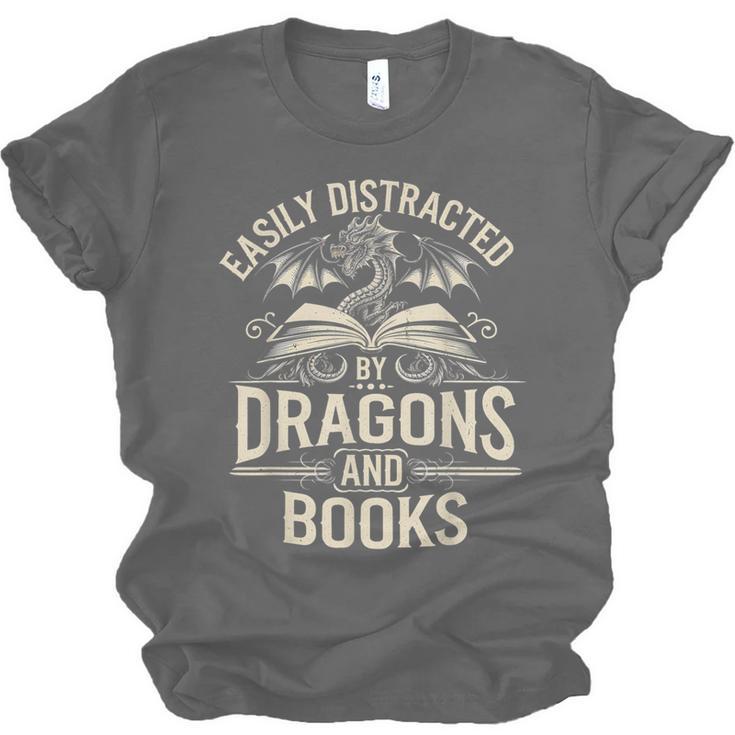 Easily Distracted By Books & Dragons Bookworm Reading Unisex Jersey T-Shirt