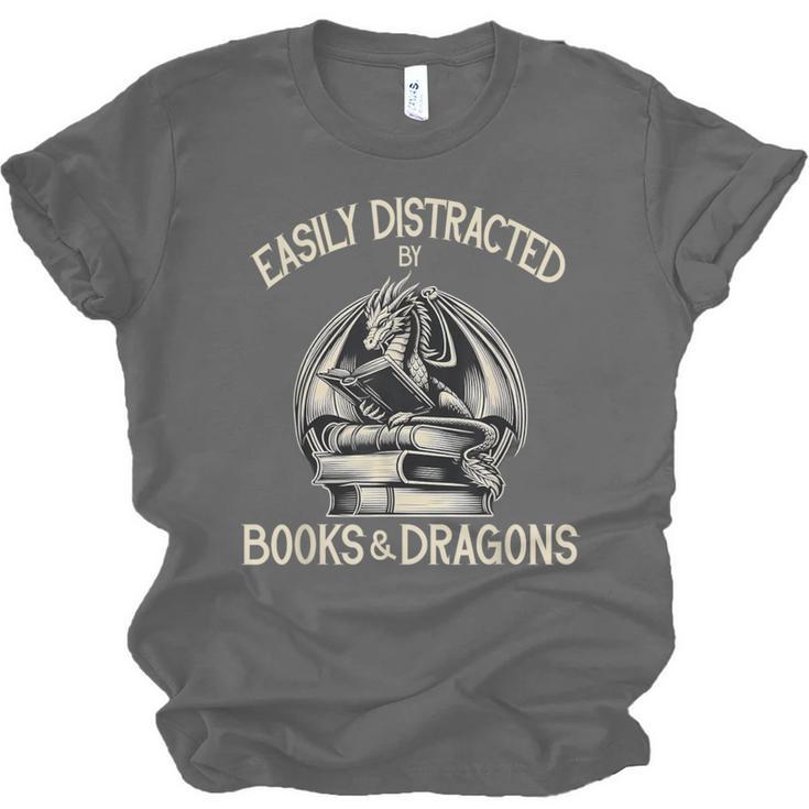 Easily Distracted By Books And Dragons Book Dragon Lover Unisex Jersey T-Shirt