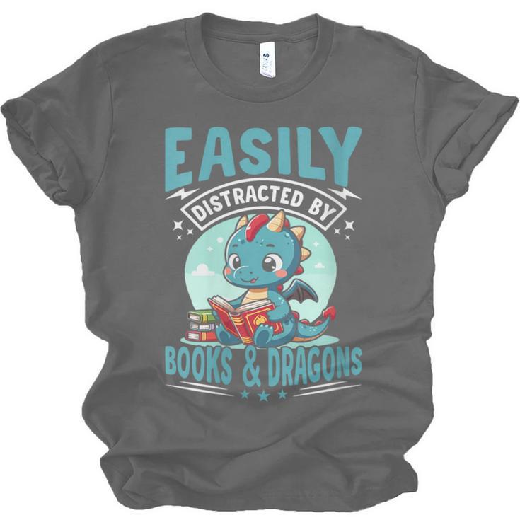 Easily Distracted By Books And Dragons Nerds Unisex Jersey T-Shirt