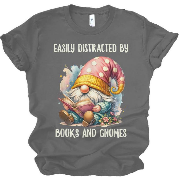 Easily Distracted By Books And Gnomes Book Reading Gnome Unisex Jersey T-Shirt Easily Distracted By Books And Gnomes Book Reading Gnome Unisex Jersey T-Shirt