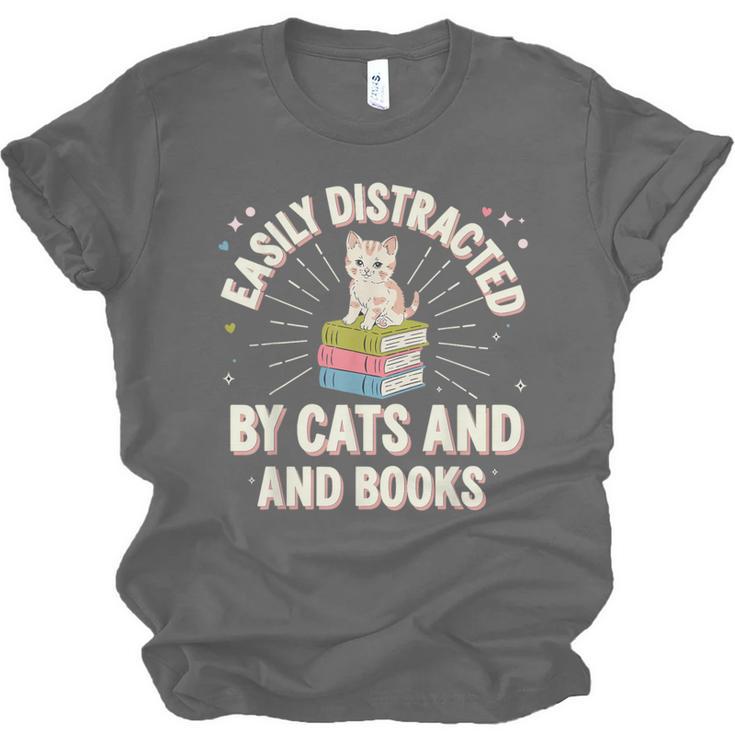 Easily Distracted By Cats & Books Tee Reader Book Worm Unisex Jersey T-Shirt