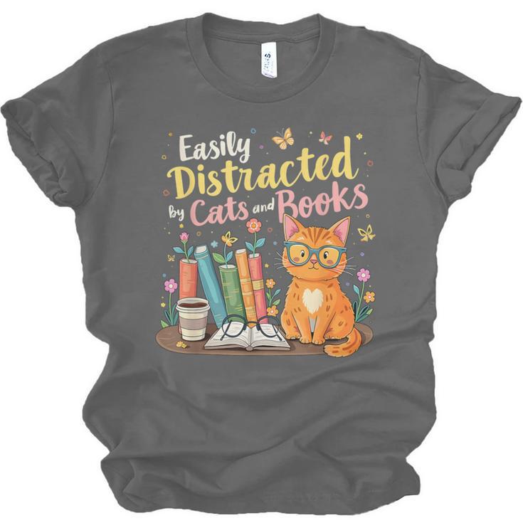 Easily Distracted By Cats And Books Book & Cat Lover Unisex Jersey T-Shirt Easily Distracted By Cats And Books Book & Cat Lover Unisex Jersey T-Shirt
