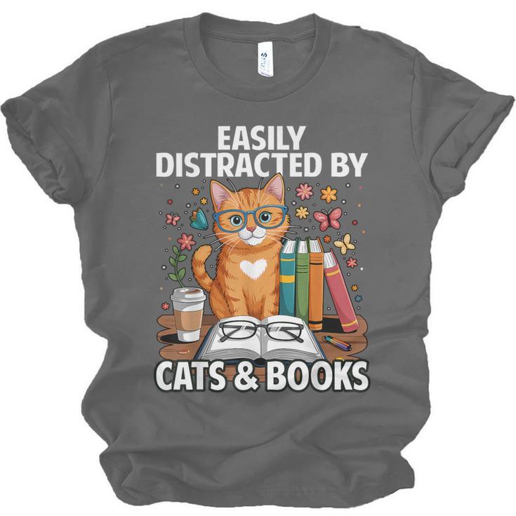 Easily Distracted By Cats And Books Book Lover Cat Unisex Jersey T-Shirt