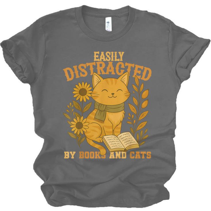 Easily Distracted By Cats And Books Cute Cat Book Lover Unisex Jersey T-Shirt
