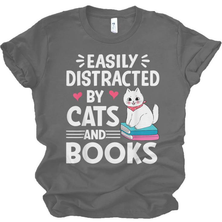Easily Distracted By Cats And Books Cute Cat And Book Lovers Unisex Jersey T-Shirt