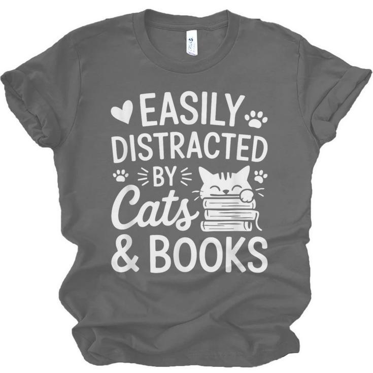 Easily Distracted By Cats And Books Reading Apparel Unisex Jersey T-Shirt
