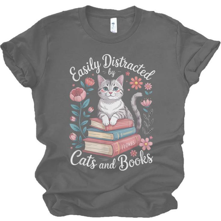 Easily Distracted By Cats And Books Reading Unisex Jersey T-Shirt
