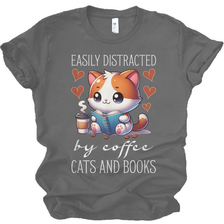 Easily Distracted By Coffee Cats And Books Unisex Jersey T-Shirt