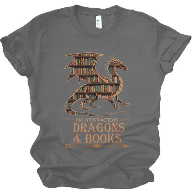 Easily Distracted By Dragons And Books Library Dragon Lover Unisex Jersey T-Shirt