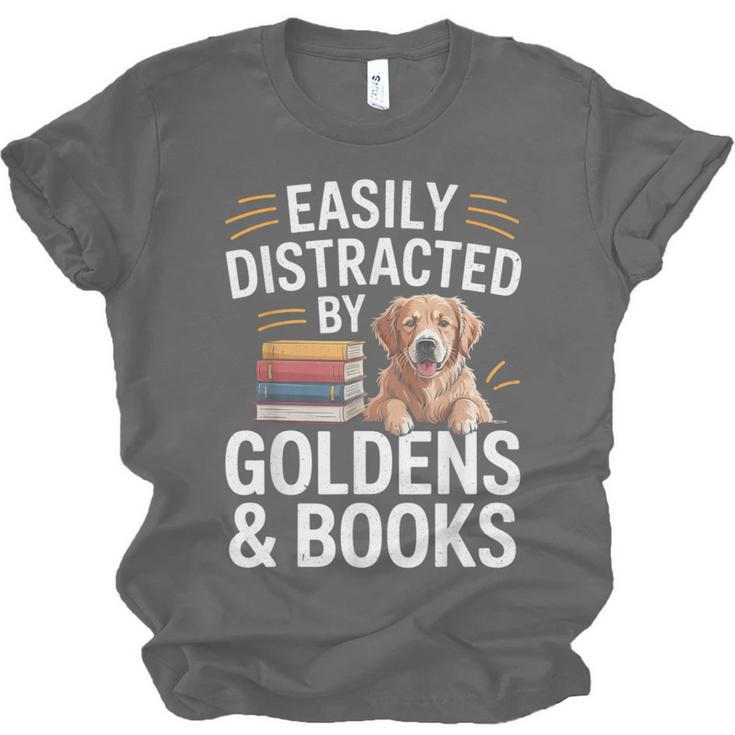 Easily Distracted By Goldens & Books Golden Retriever Dog Unisex Jersey T-Shirt