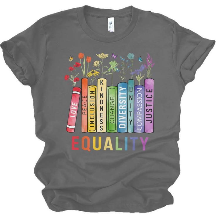 Equality Books Peace Love Compassion LGBT Gay Lesbian Pride Unisex Jersey T-Shirt Equality Books Peace Love Compassion LGBT Gay Lesbian Pride Unisex Jersey T-Shirt
