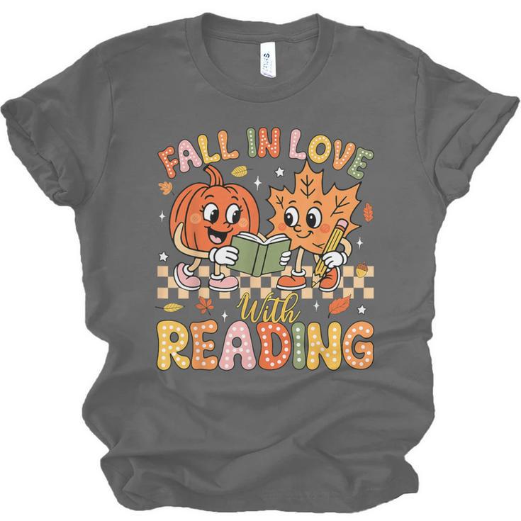 Fall In Love With Reading Autumn Pumpkin Teacher Book Lover Unisex Jersey T-Shirt