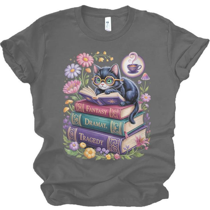 Fantasy Drama Tragedy Cute Cat Book Lover Readers Librarians Unisex Jersey T-Shirt