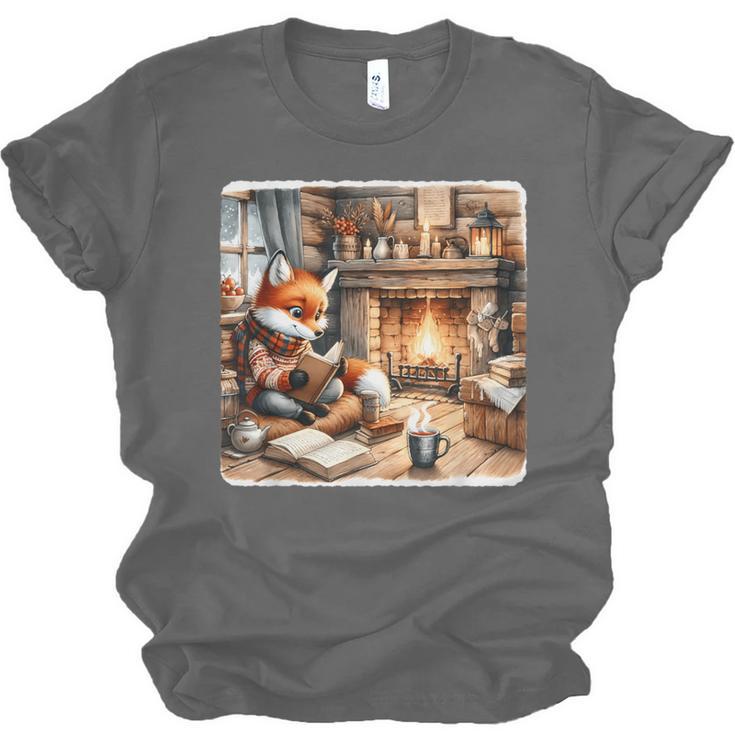 Fox Reads By Fireplace In Cabin Rustic Book Cozy Cup Tea Unisex Jersey T-Shirt