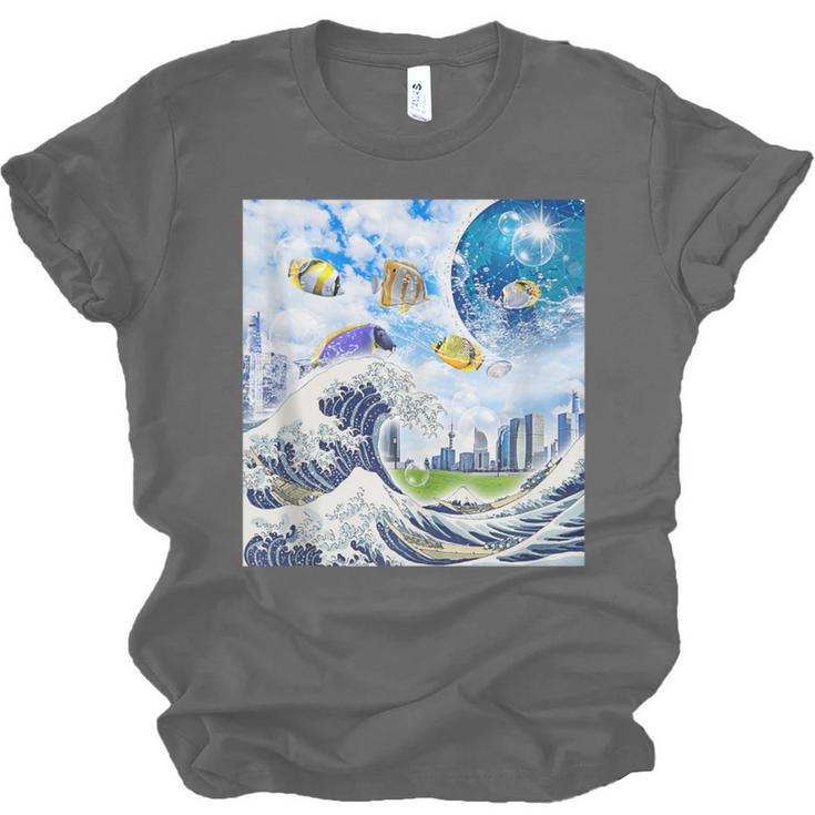 Frutiger Aero Aesthetic Tech Great Wave Of Kanagawa Fishes Unisex Jersey T-Shirt Frutiger Aero Aesthetic Tech Great Wave Of Kanagawa Fishes Unisex Jersey T-Shirt