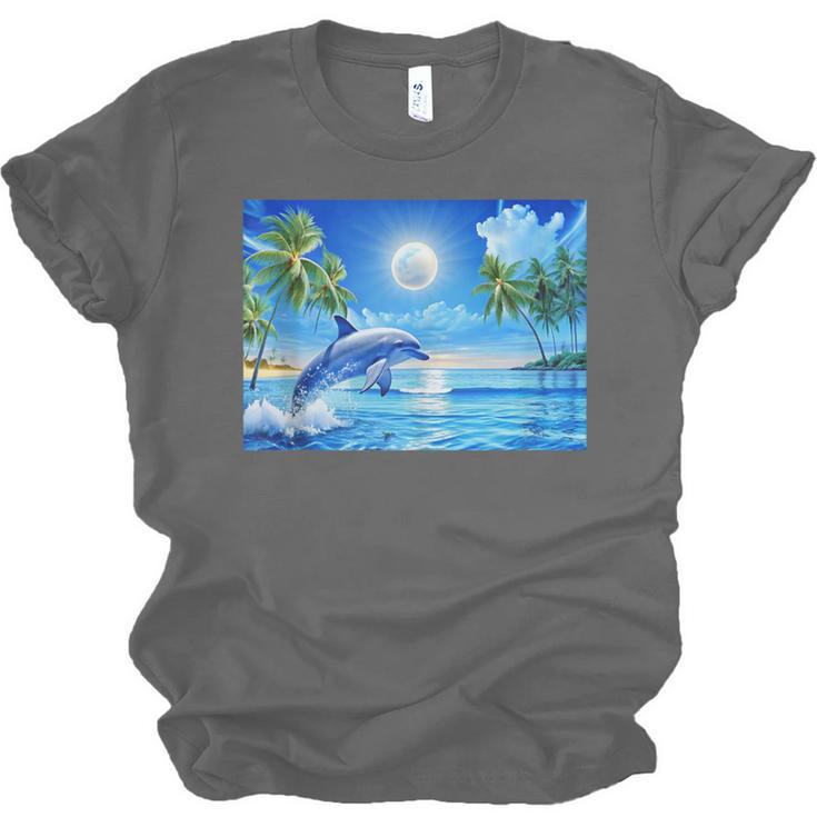 Frutiger Aero Dolphin Sunset Ocean With Palm Trees Y2k Unisex Jersey T-Shirt