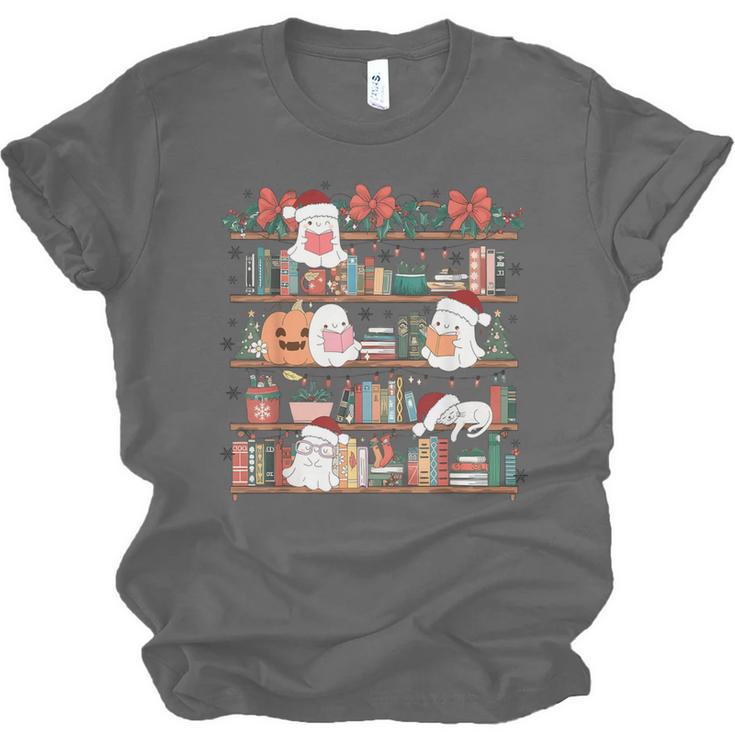 Ghost Christmas Reading Book Lover Library Christmas Teacher Unisex Jersey T-Shirt